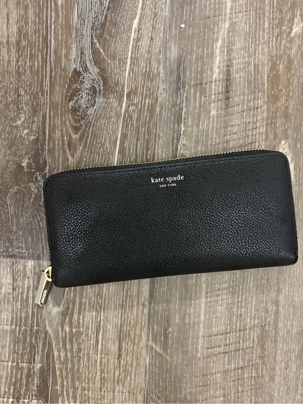 kate spade Black Pebbled Leather Zip Wallet with Gold Logo